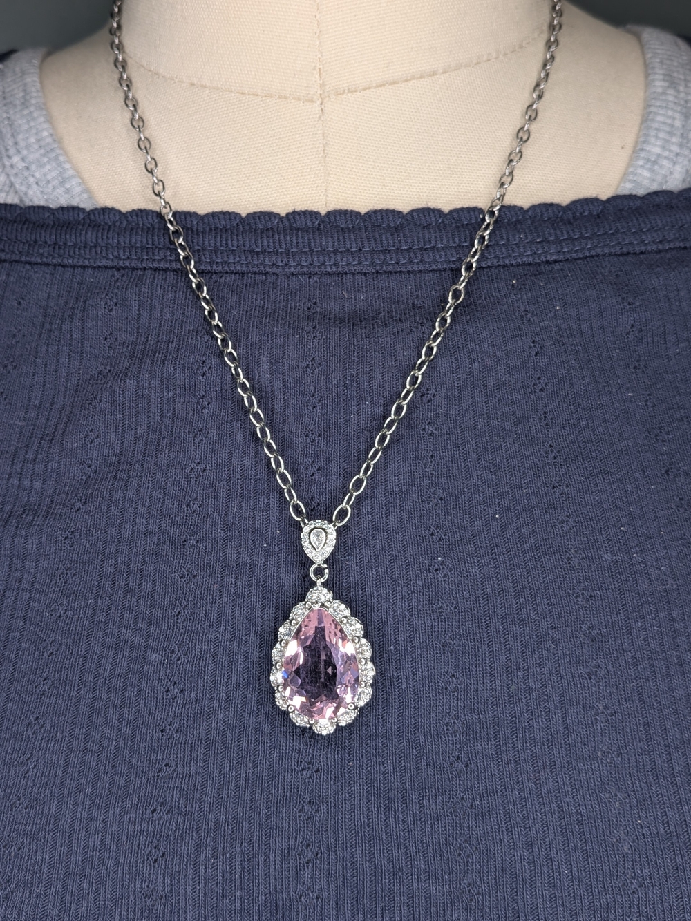 Silver Tone Pink Teardrop Faux Gemstone Halo Pendant Necklace